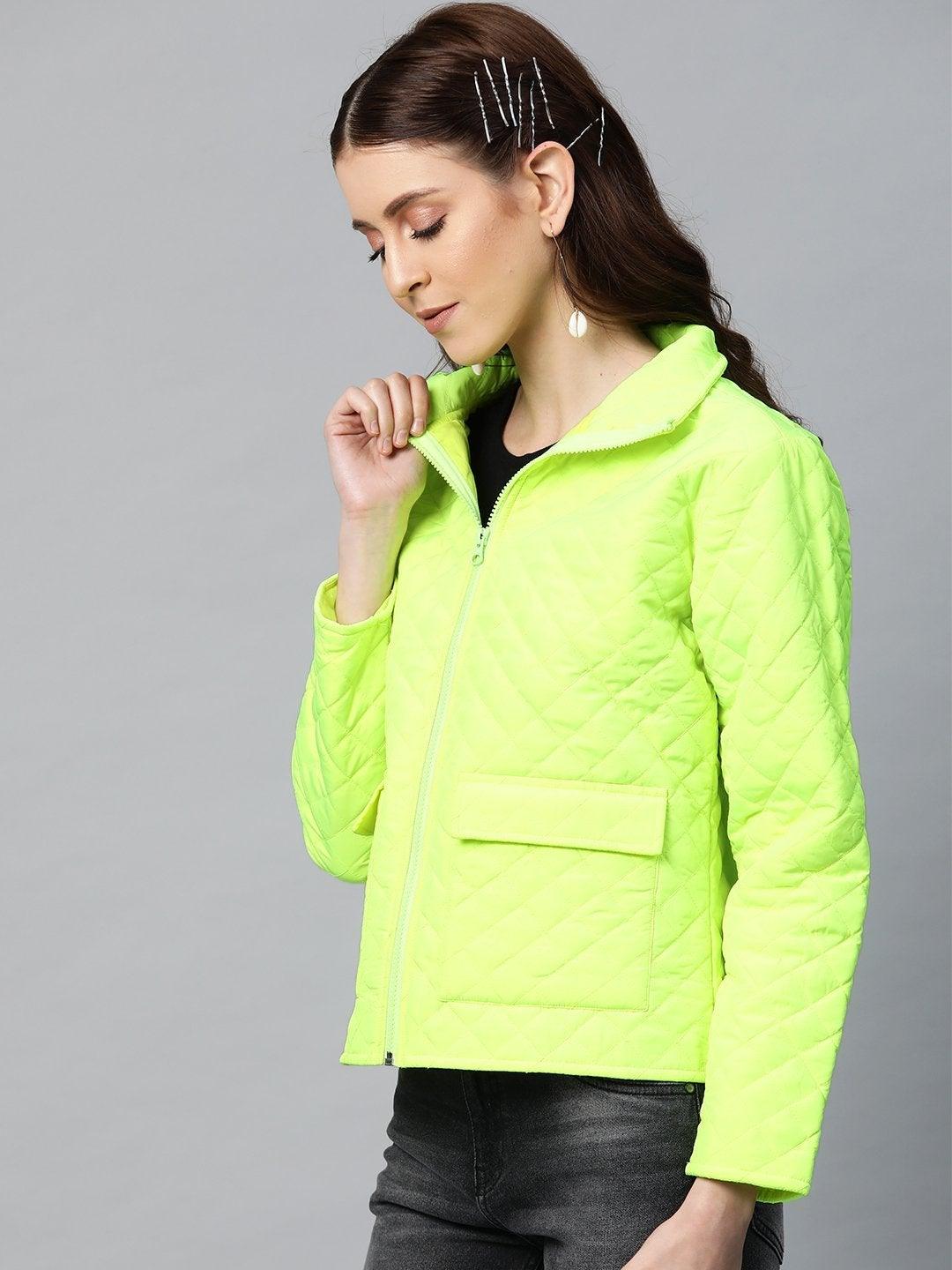 Women's Neon Green Flap Pockets Quilted Puffer Jacket - SASSAFRAS - Indiakreations