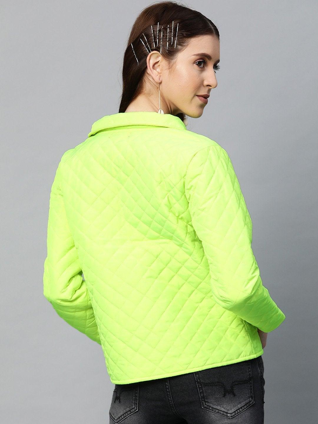 Women's Neon Green Flap Pockets Quilted Puffer Jacket - SASSAFRAS - Indiakreations