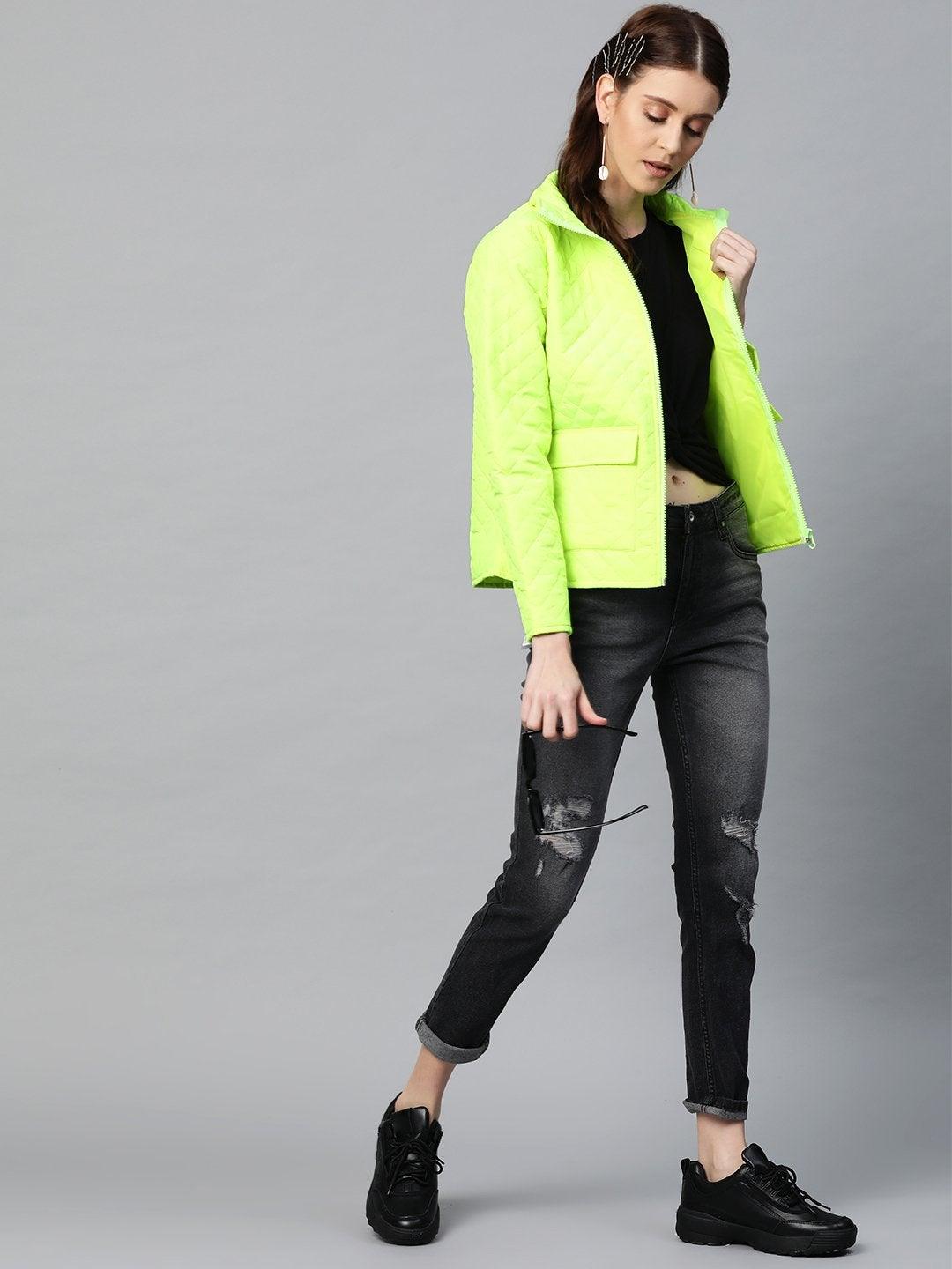 Women's Neon Green Flap Pockets Quilted Puffer Jacket - SASSAFRAS - Indiakreations