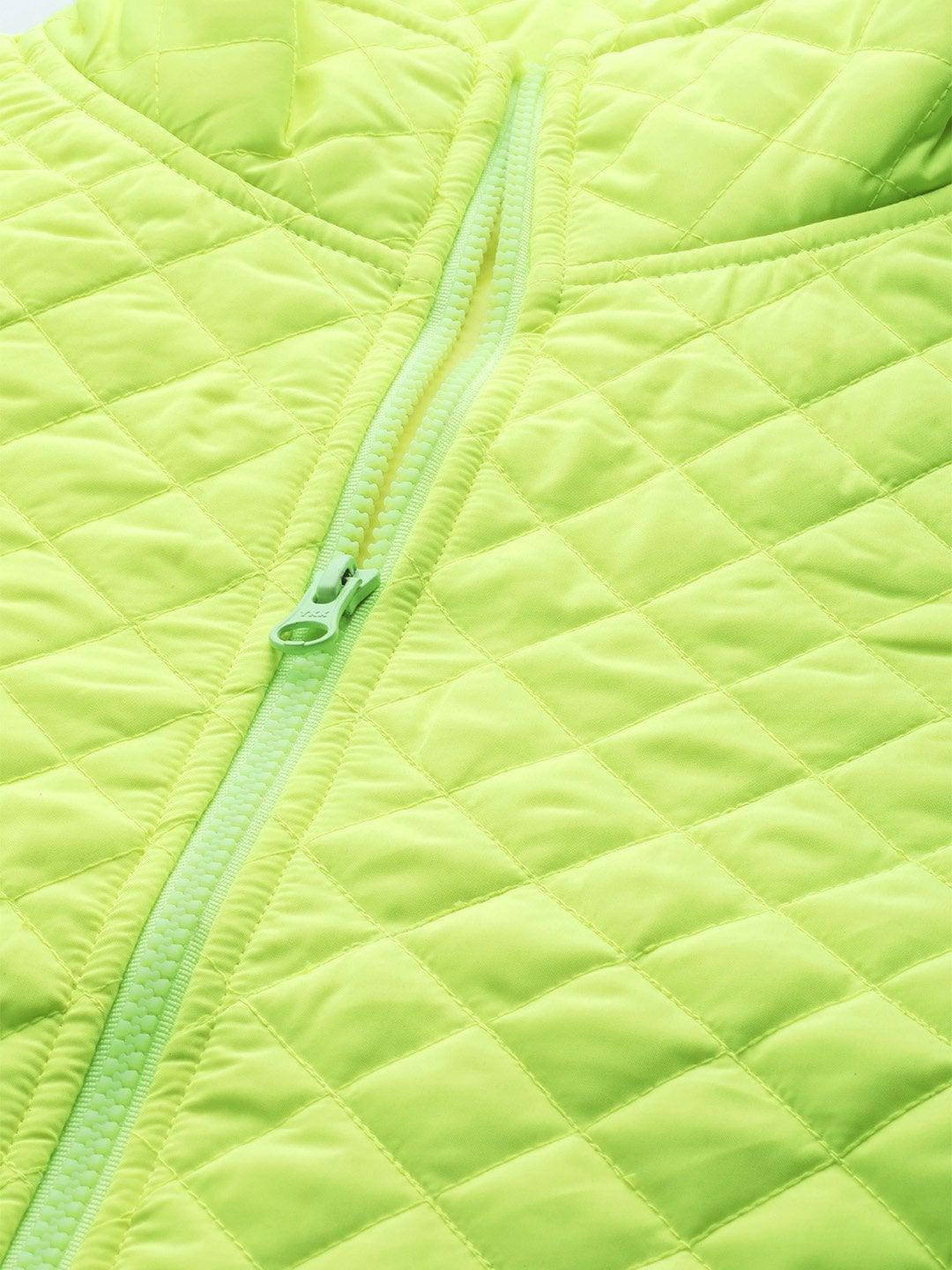 Women's Neon Green Flap Pockets Quilted Puffer Jacket - SASSAFRAS - Indiakreations