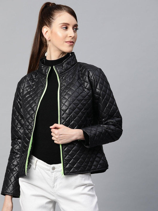 Women's Black Contrast Zipper On Sleeves Quilted Jacket - SASSAFRAS - Indiakreations