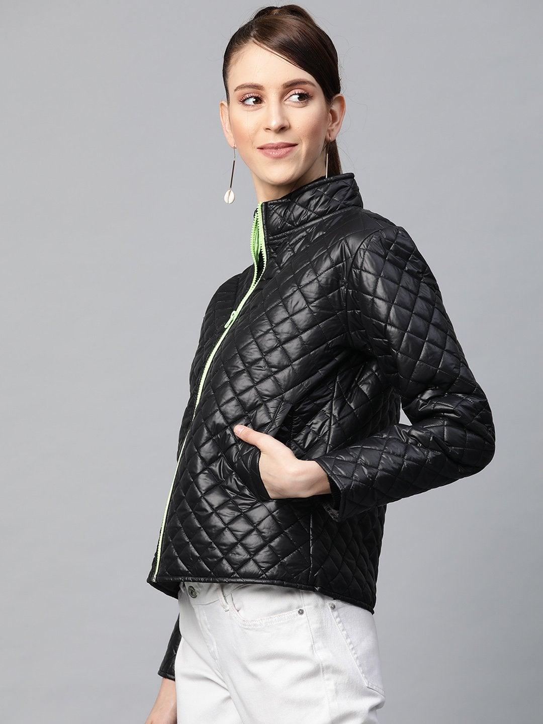 Women's Black Contrast Zipper On Sleeves Quilted Jacket - SASSAFRAS - Indiakreations