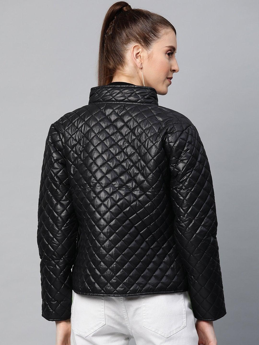 Women's Black Contrast Zipper On Sleeves Quilted Jacket - SASSAFRAS - Indiakreations