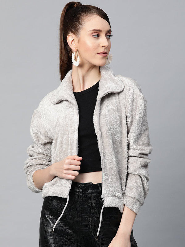 Women's Grey Drawstring Faux Fur Jacket - SASSAFRAS