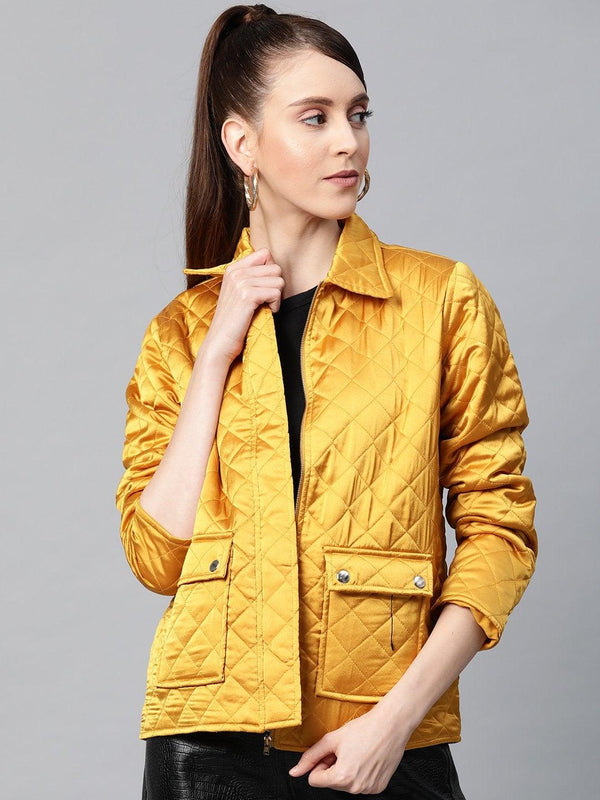 Women's Mustard Satin Quilted Jacket - SASSAFRAS - Indiakreations