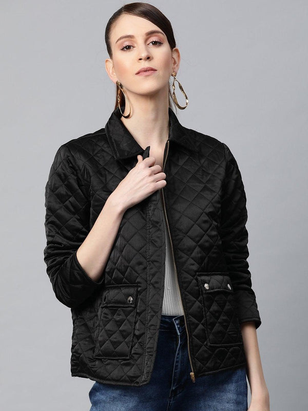 Women's Black Satin Quilted Jacket - SASSAFRAS - Indiakreations