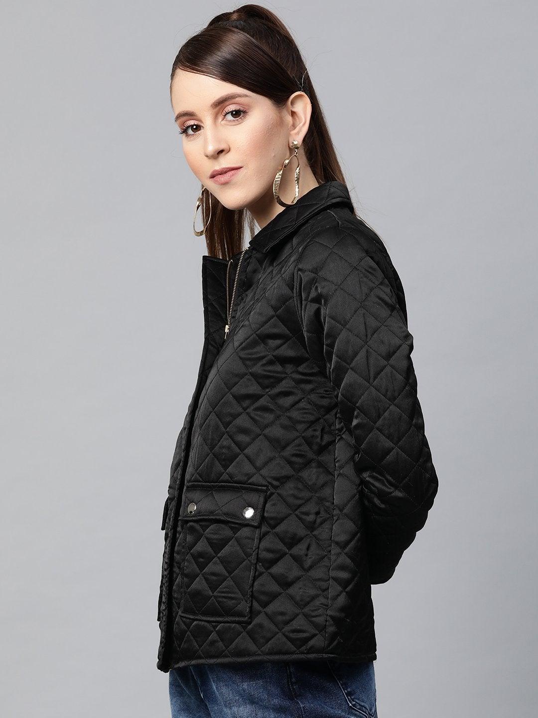 Women's Black Satin Quilted Jacket - SASSAFRAS - Indiakreations