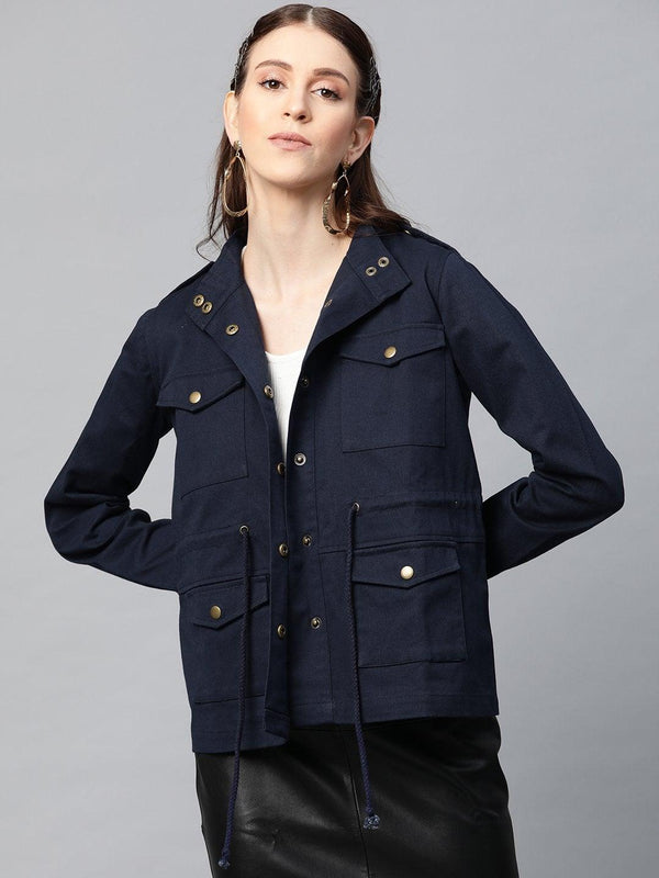 Women's Navy Twill Utility Drawstring Jacket - SASSAFRAS - Indiakreations