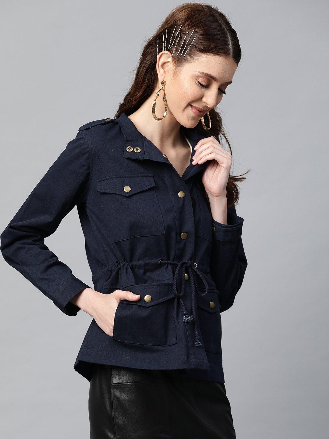 Women's Navy Twill Utility Drawstring Jacket - SASSAFRAS - Indiakreations