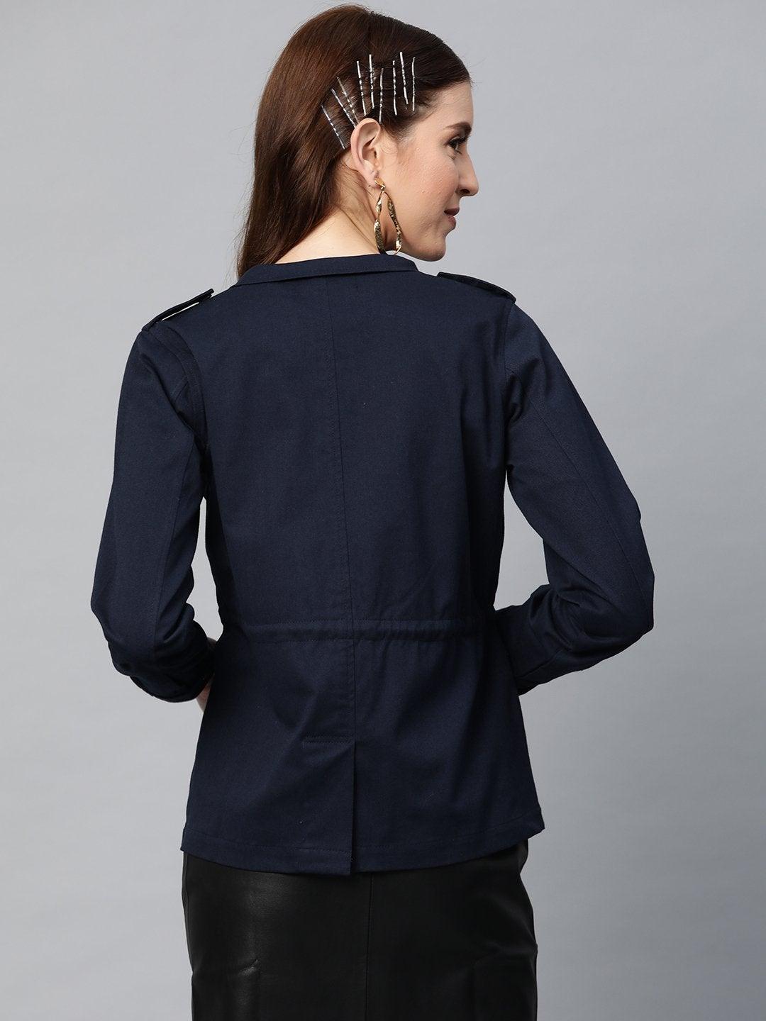 Women's Navy Twill Utility Drawstring Jacket - SASSAFRAS - Indiakreations