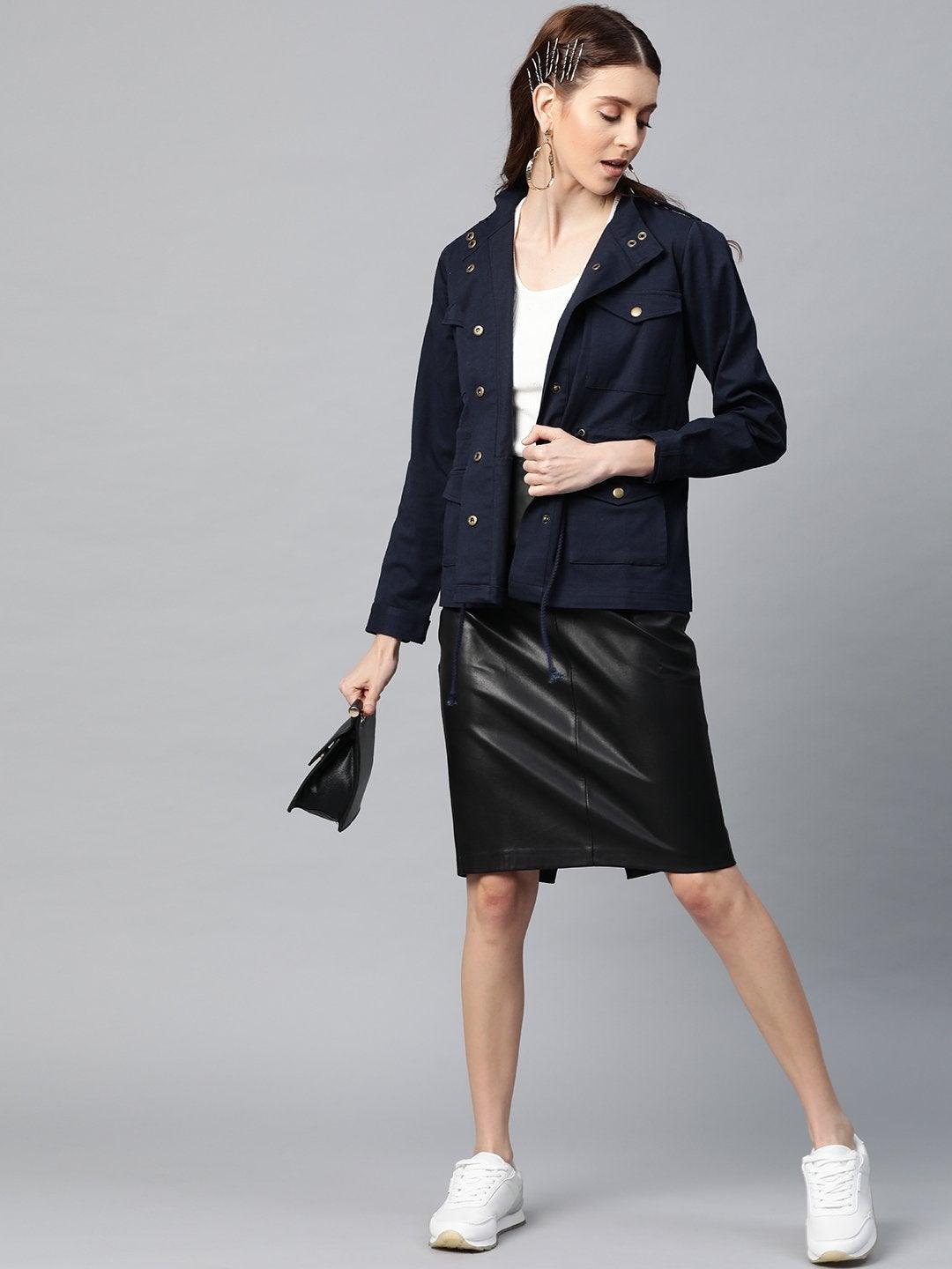 Women's Navy Twill Utility Drawstring Jacket - SASSAFRAS - Indiakreations