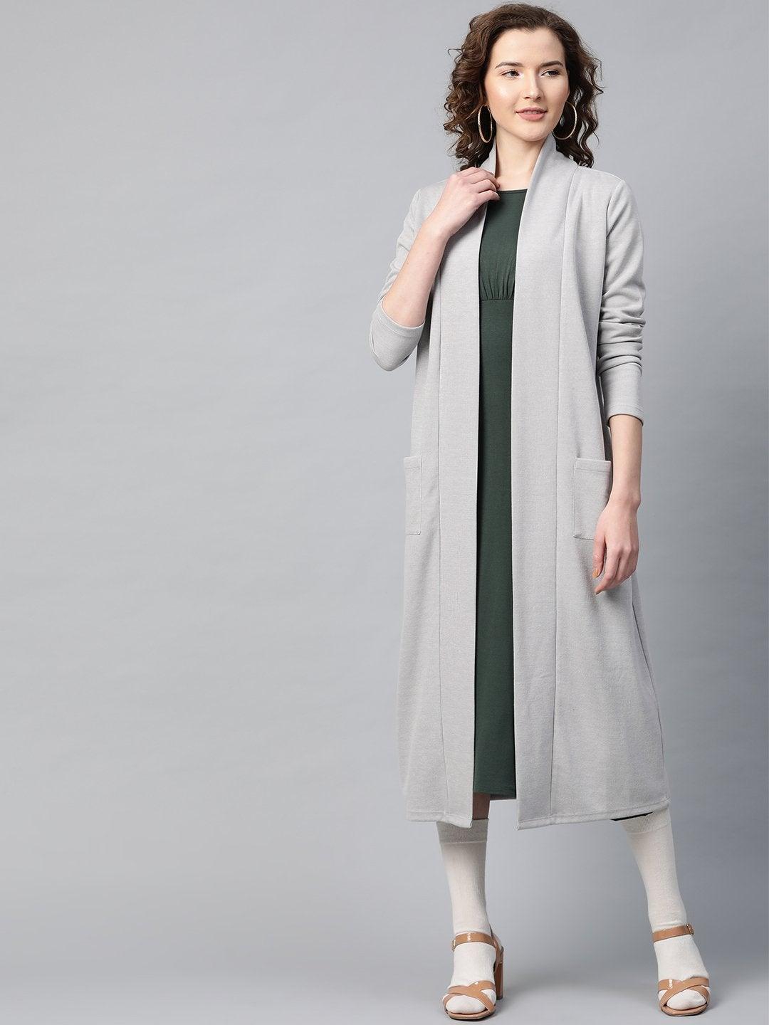 Women's Grey Rib Front Open Longline Shrug - SASSAFRAS - Indiakreations