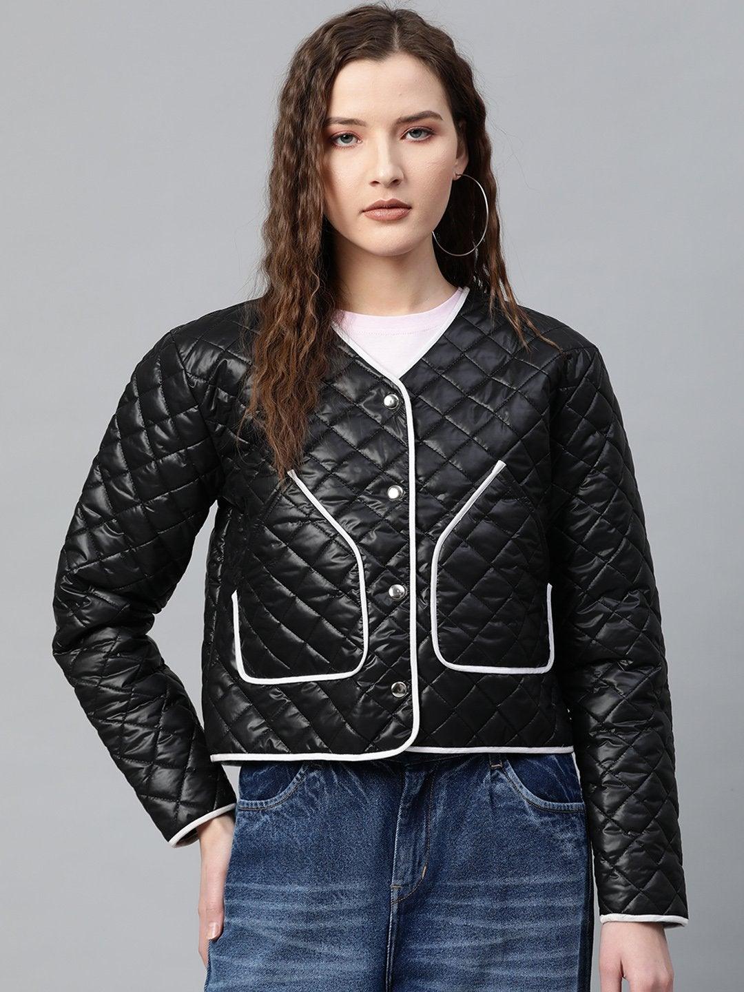 Women's Black Piping Detail Quilted Jacket - SASSAFRAS - Indiakreations