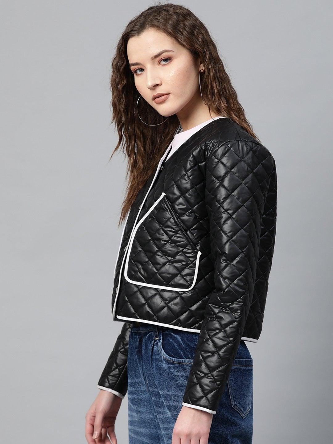 Women's Black Piping Detail Quilted Jacket - SASSAFRAS - Indiakreations