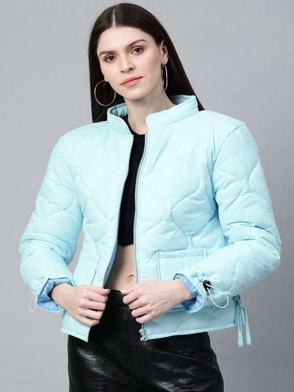 Women's Blue Front Pocket Puffer Jacket - SASSAFRAS