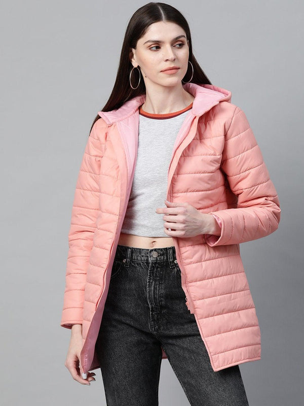 Women's Peach Hooded Long Puffer Jacket - SASSAFRAS - Indiakreations