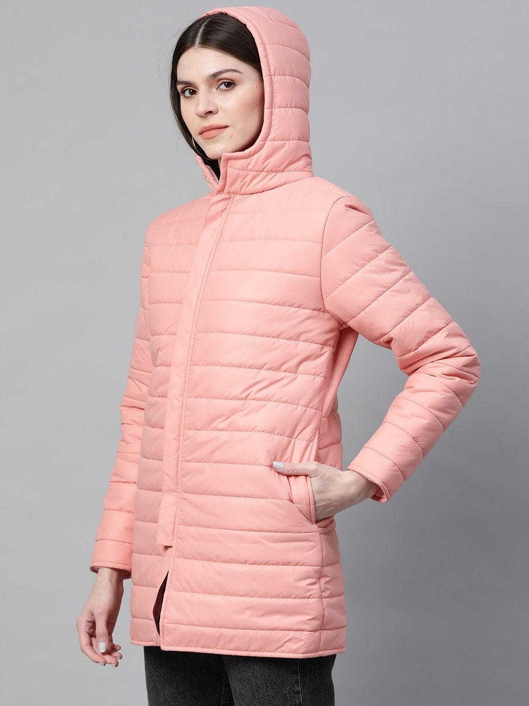 Women's Peach Hooded Long Puffer Jacket - SASSAFRAS - Indiakreations