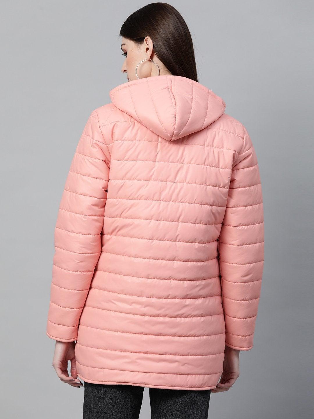 Women's Peach Hooded Long Puffer Jacket - SASSAFRAS - Indiakreations