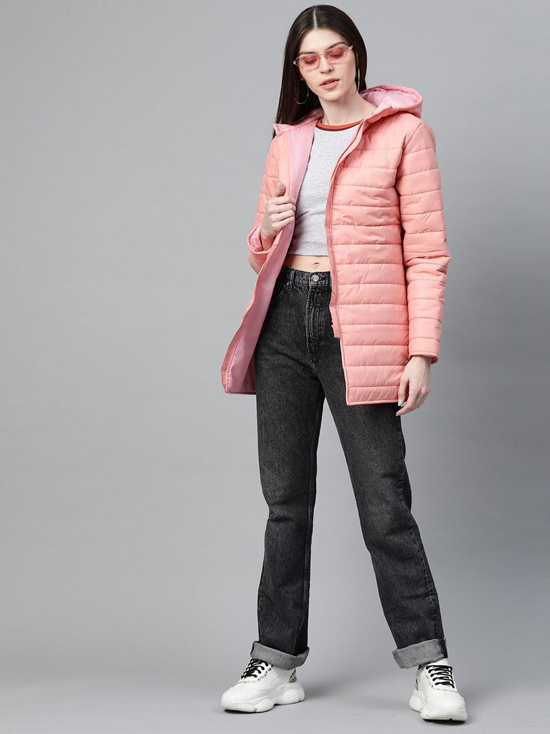 Women's Peach Hooded Long Puffer Jacket - SASSAFRAS - Indiakreations