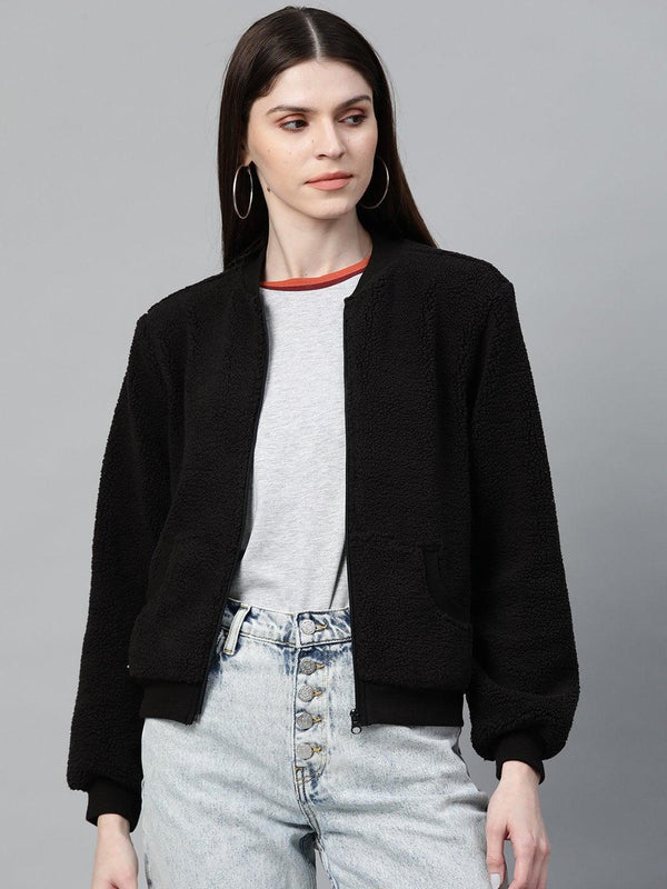 Women's Black Fur Bomber Jacket - SASSAFRAS - Indiakreations