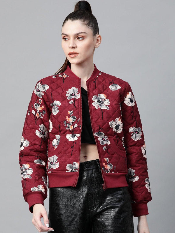 Women's Burgundy Floral Polysilk Bomber Jacket - SASSAFRAS - Indiakreations