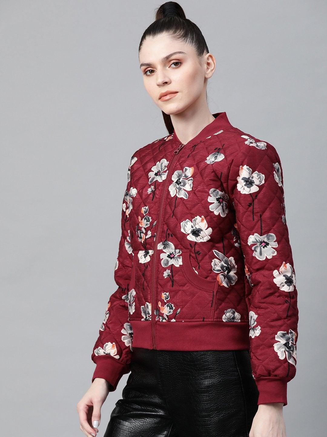 Women's Burgundy Floral Polysilk Bomber Jacket - SASSAFRAS - Indiakreations