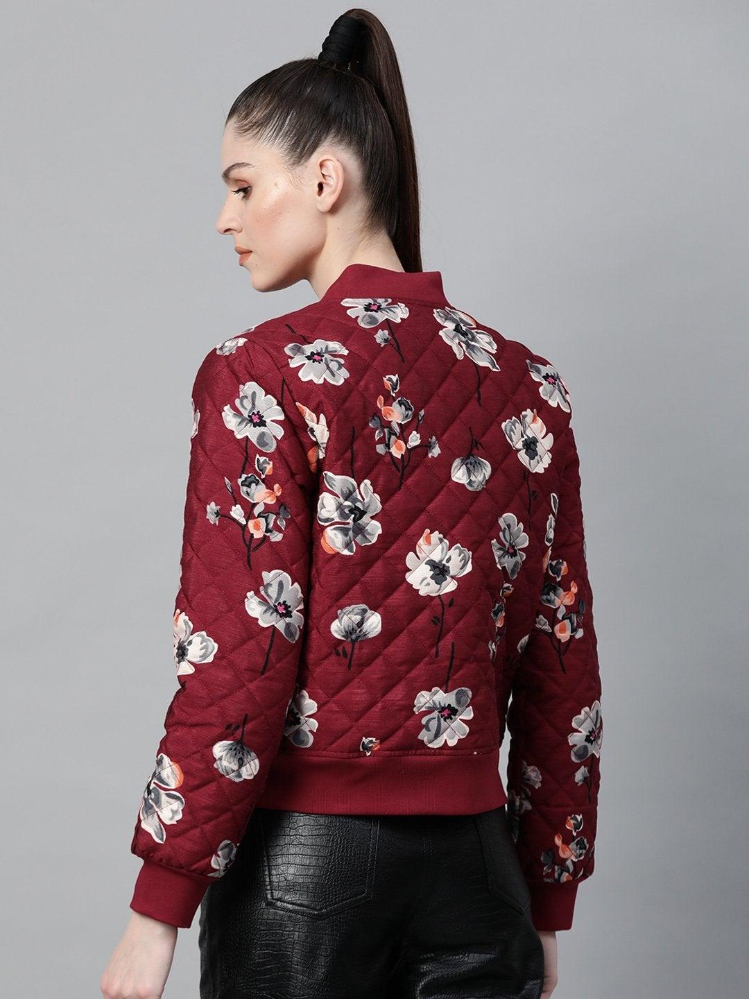 Women's Burgundy Floral Polysilk Bomber Jacket - SASSAFRAS - Indiakreations