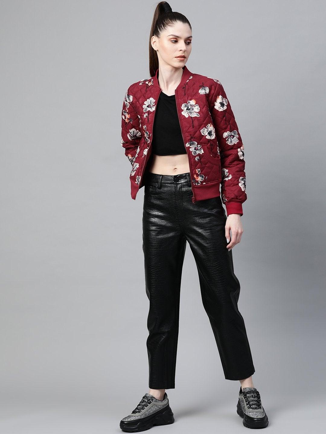 Women's Burgundy Floral Polysilk Bomber Jacket - SASSAFRAS - Indiakreations