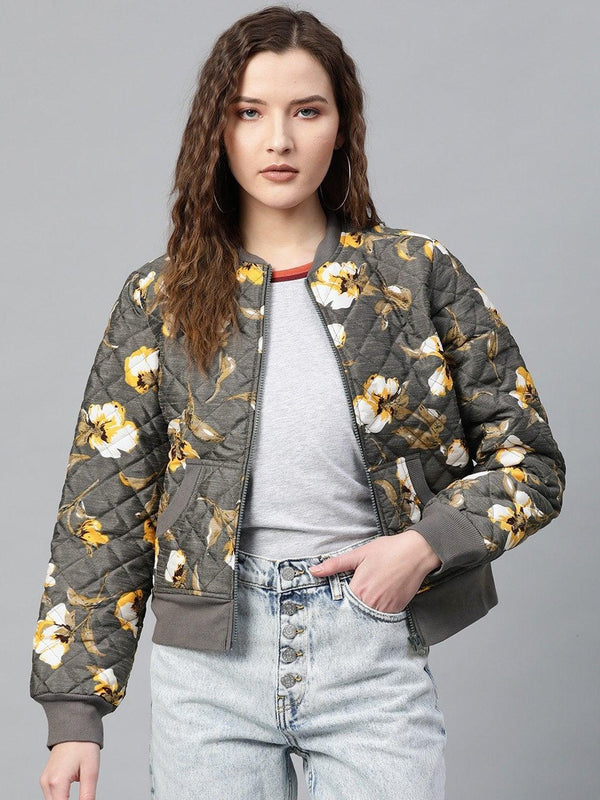 Women's Grey Floral Polysilk Bomber Jacket - SASSAFRAS - Indiakreations