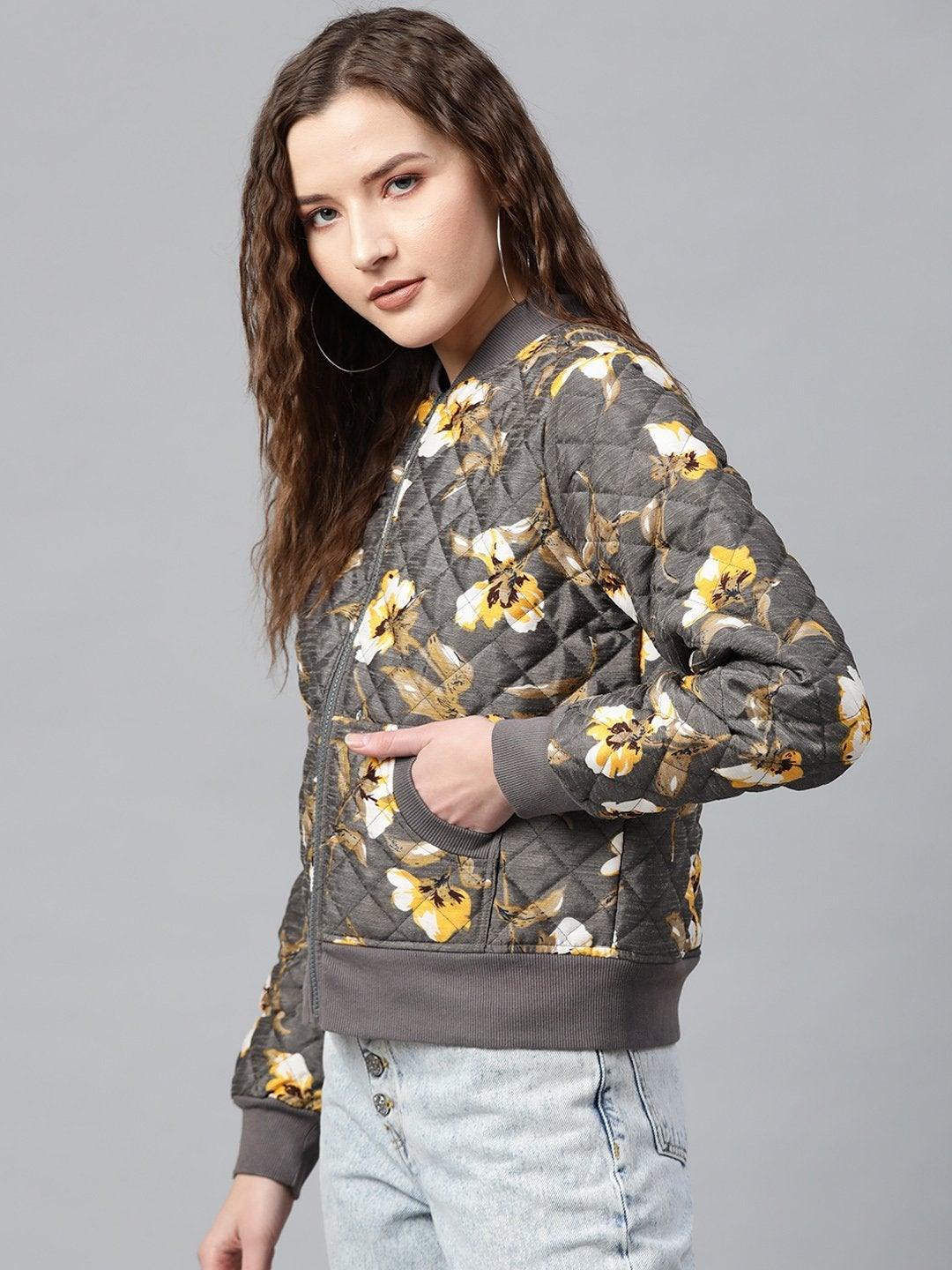 Women's Grey Floral Polysilk Bomber Jacket - SASSAFRAS - Indiakreations