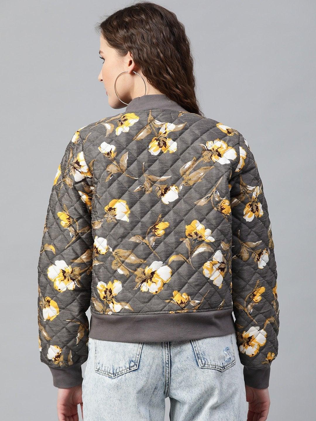 Women's Grey Floral Polysilk Bomber Jacket - SASSAFRAS - Indiakreations