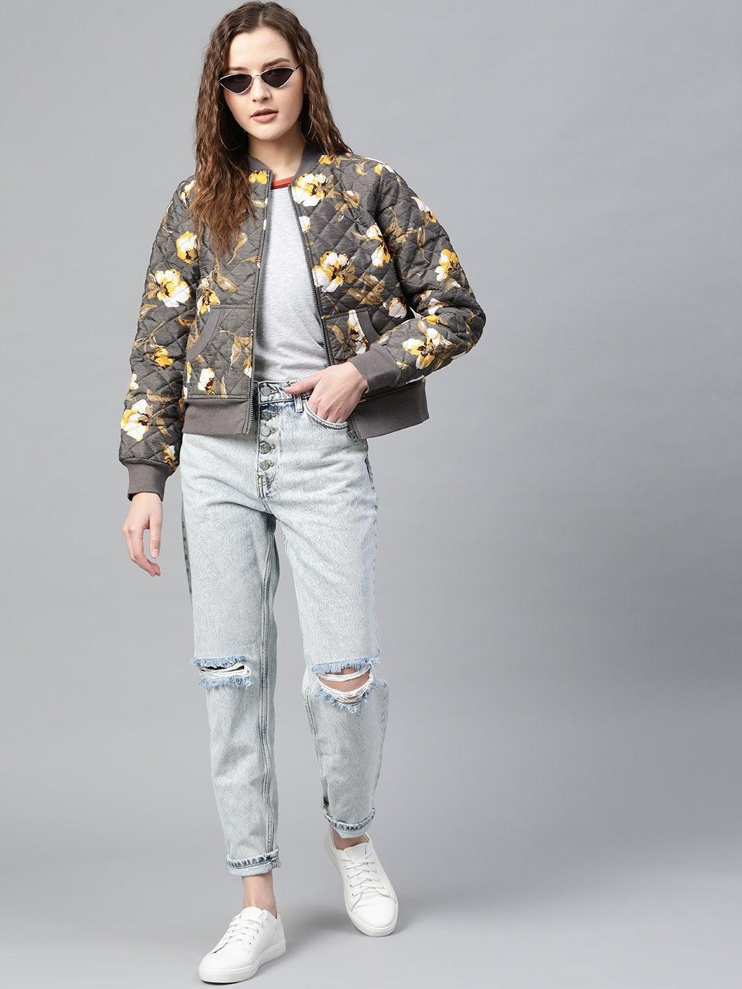 Women's Grey Floral Polysilk Bomber Jacket - SASSAFRAS - Indiakreations