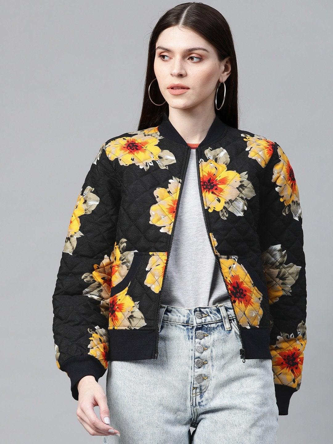 Women's Black Floral Polysilk Bomber Jacket - SASSAFRAS - Indiakreations