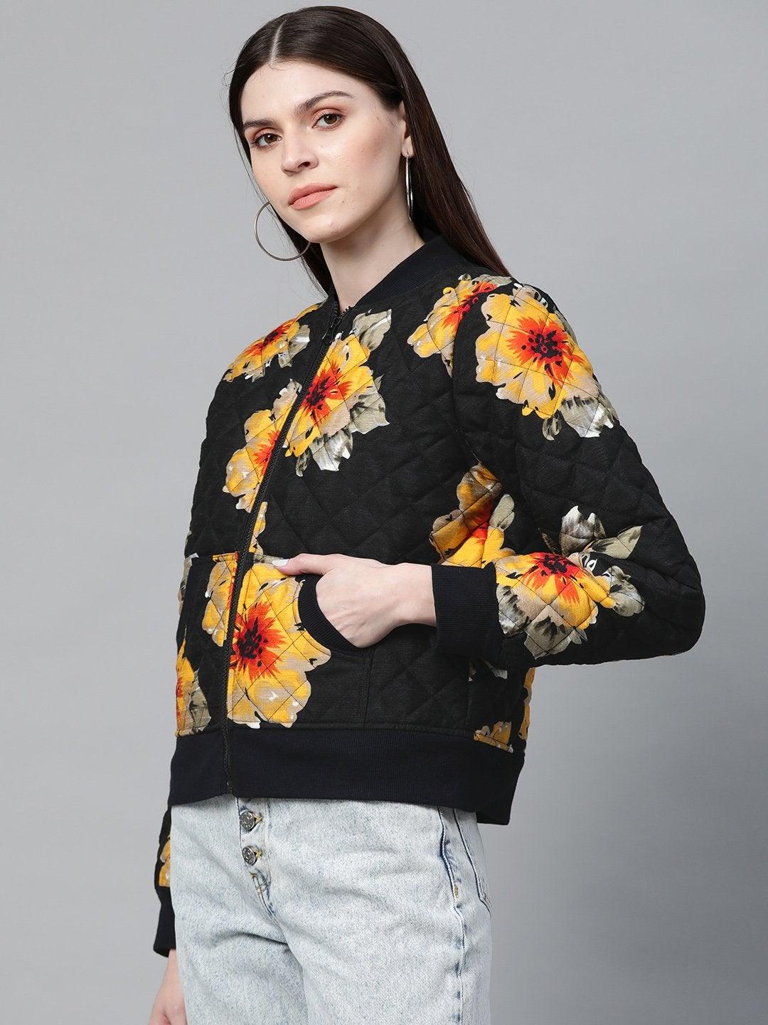 Women's Black Floral Polysilk Bomber Jacket - SASSAFRAS - Indiakreations