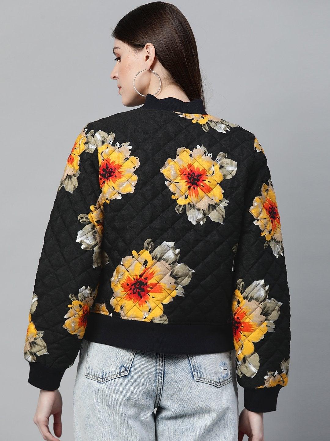 Women's Black Floral Polysilk Bomber Jacket - SASSAFRAS - Indiakreations