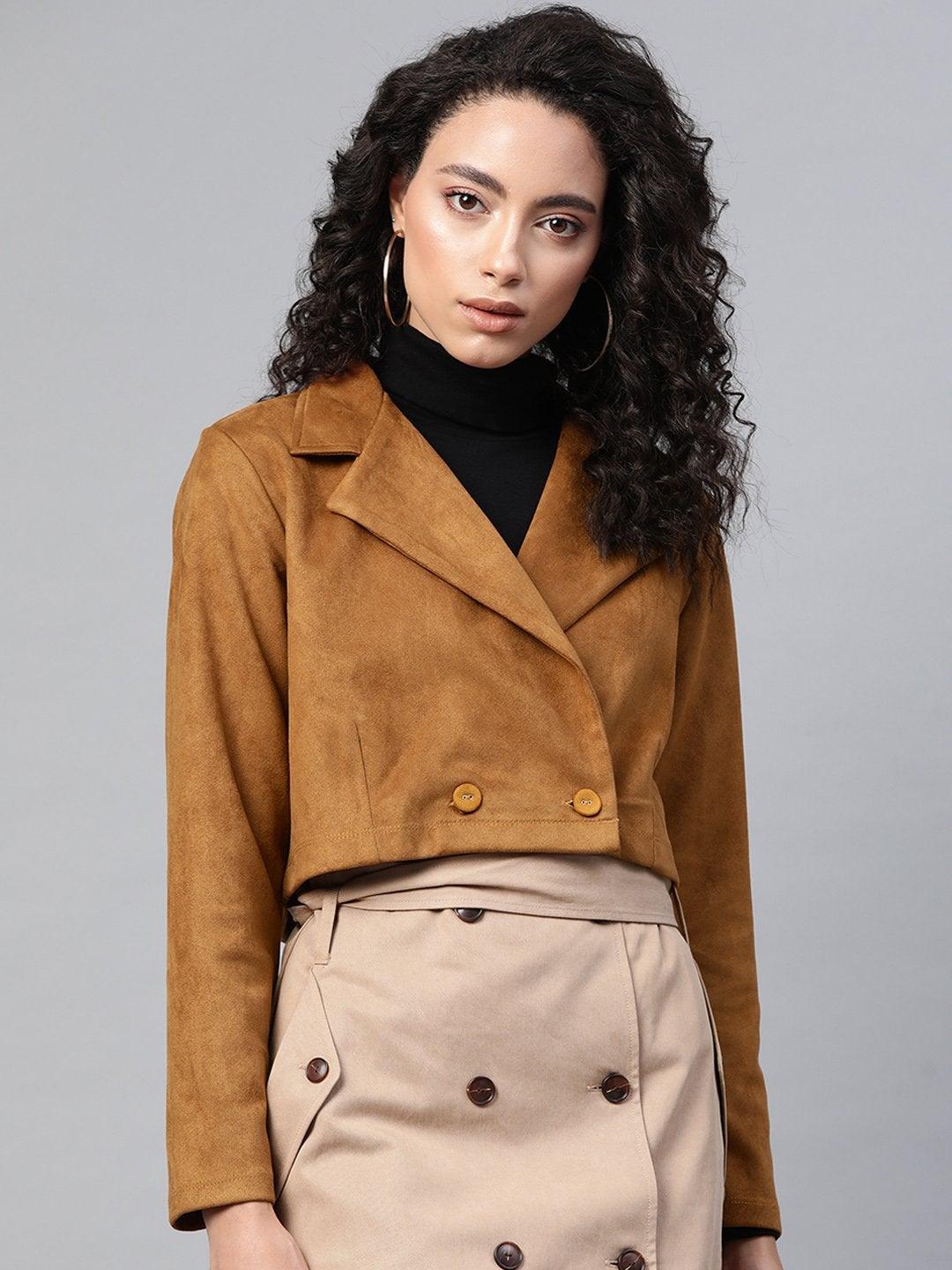 Women's Brown Suede Crop Blazer - SASSAFRAS - Indiakreations