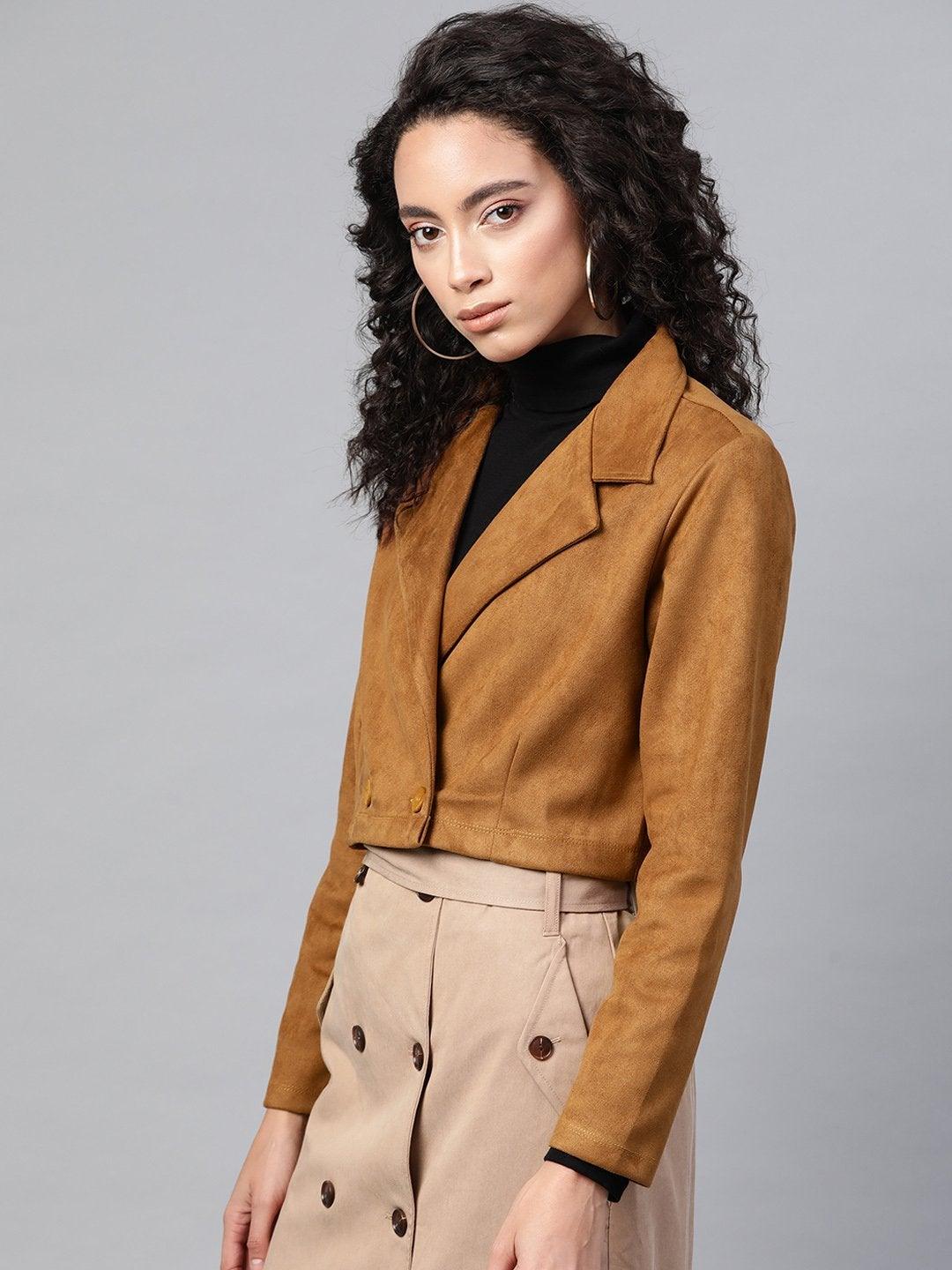 Women's Brown Suede Crop Blazer - SASSAFRAS - Indiakreations