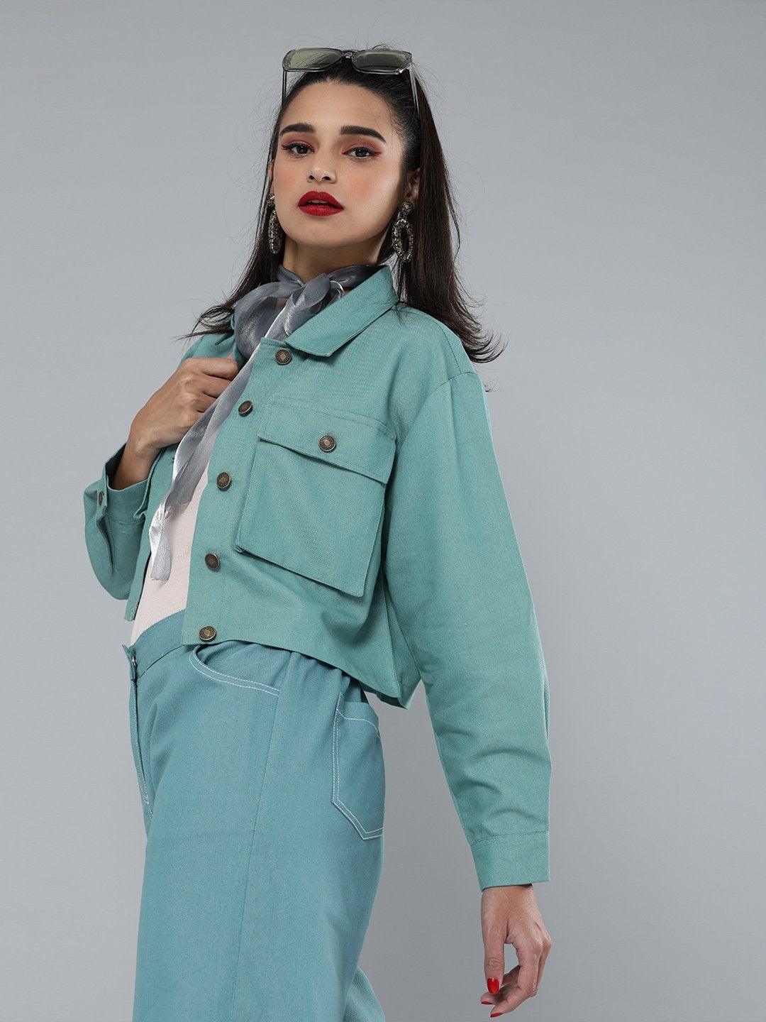 Women's Sea Green Boxy Twill Jacket - SASSAFRAS - Indiakreations