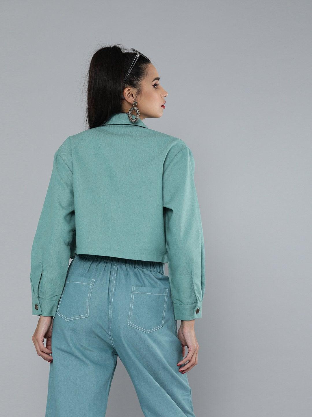 Women's Sea Green Boxy Twill Jacket - SASSAFRAS - Indiakreations