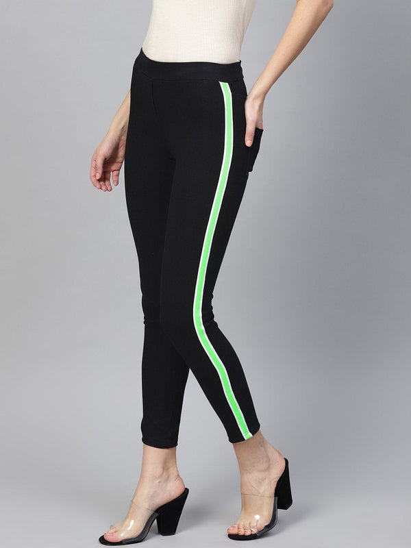 Women's Black Neon Side Tape Jeggings - SASSAFRAS