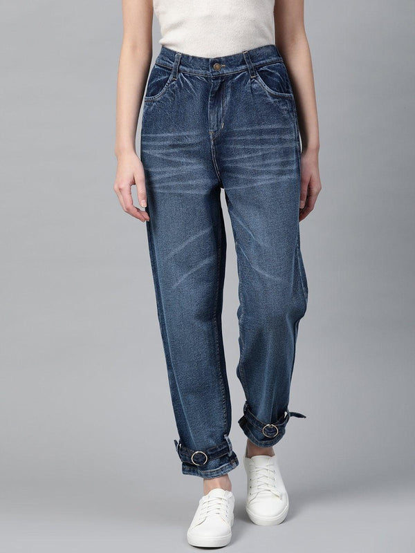 Women's Blue Ring Detail High Waisted Jeans - SASSAFRAS - Indiakreations