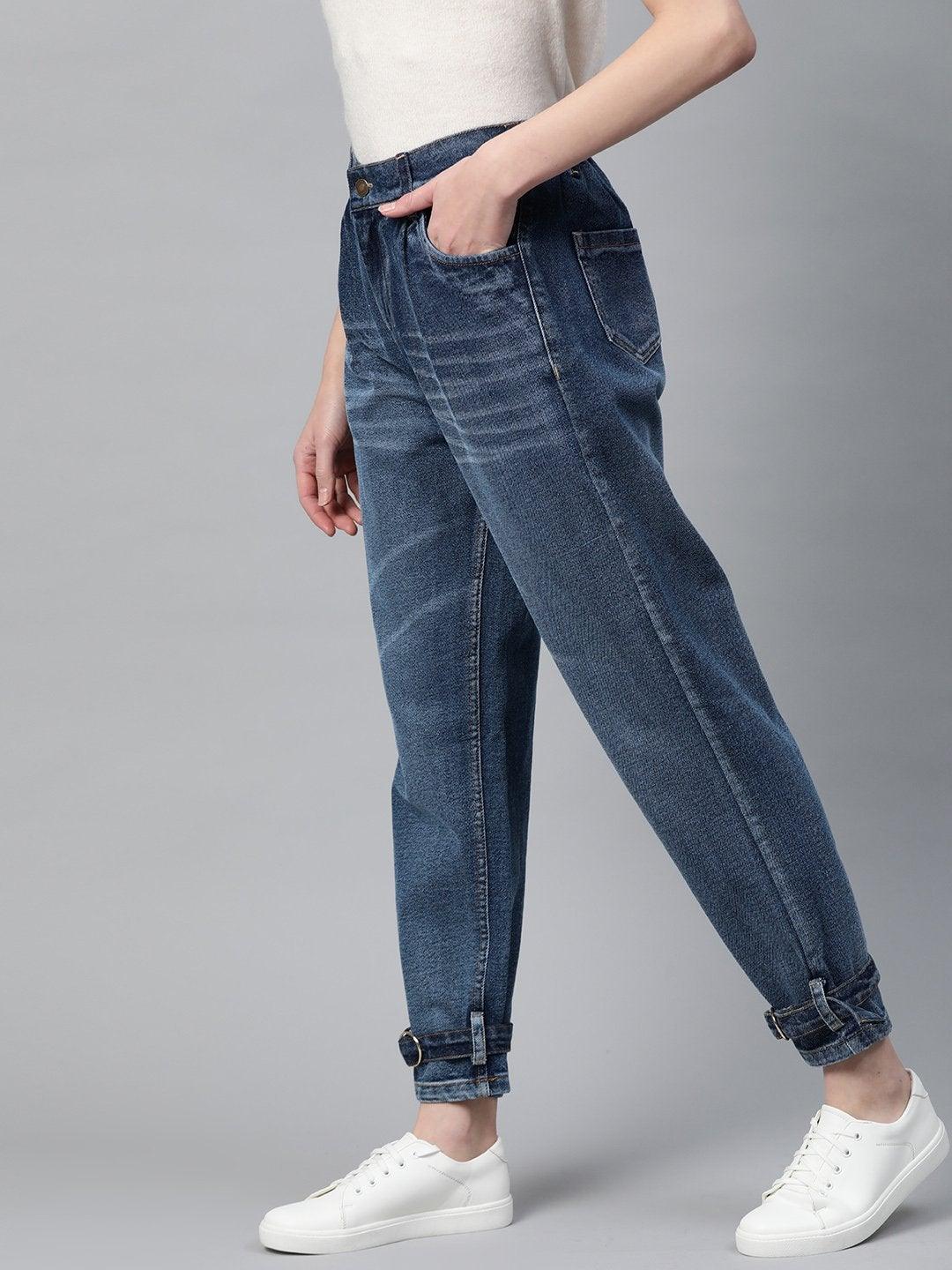 Women's Blue Ring Detail High Waisted Jeans - SASSAFRAS - Indiakreations