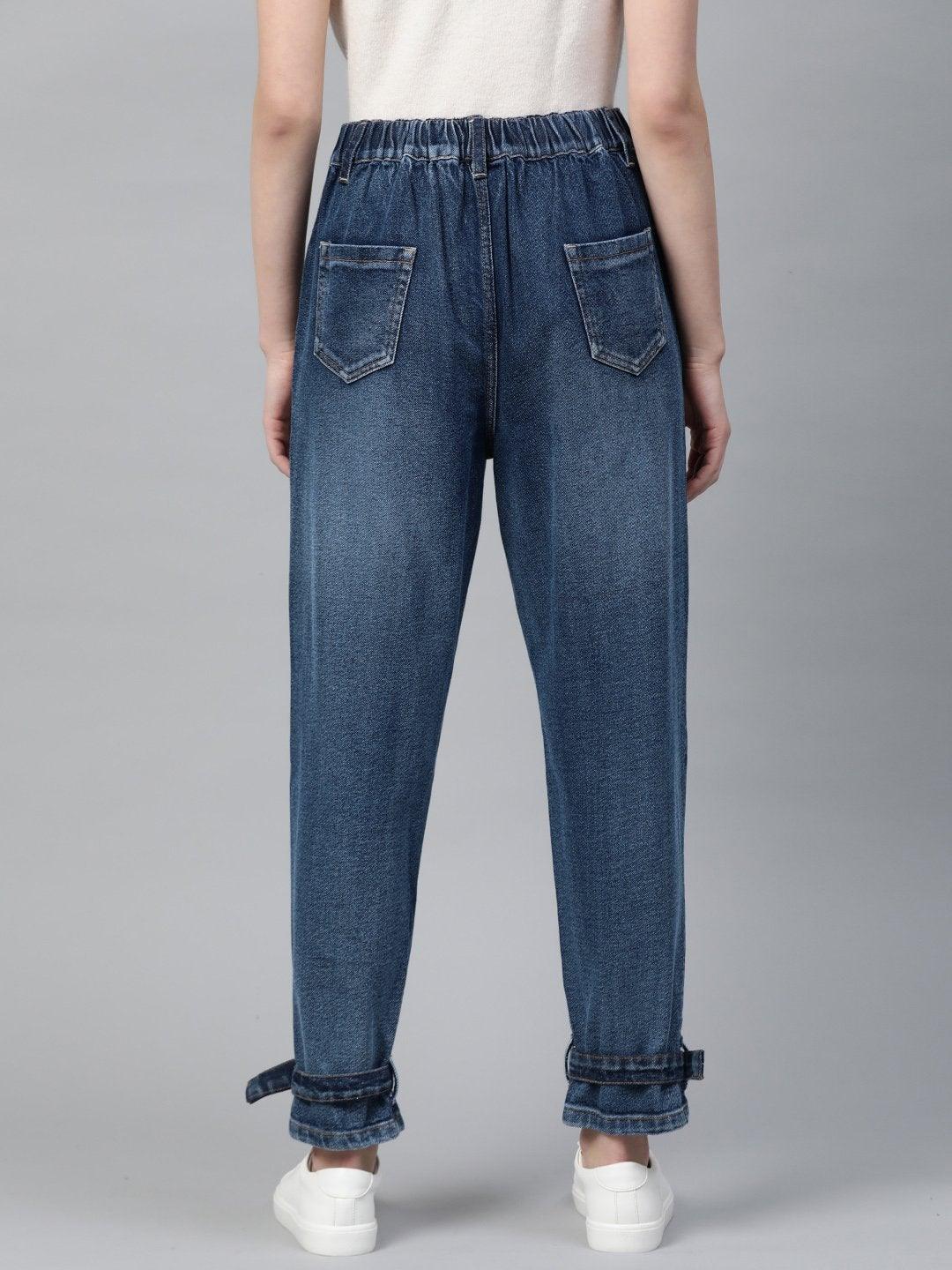 Women's Blue Ring Detail High Waisted Jeans - SASSAFRAS - Indiakreations