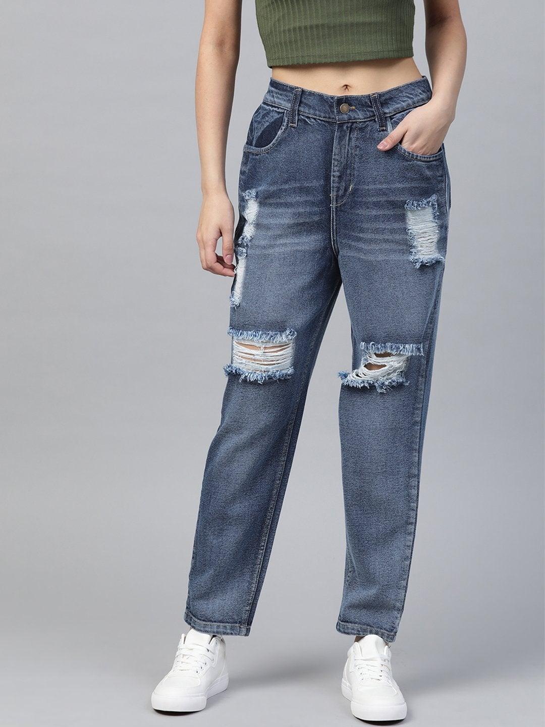 Women's Blue High Waist Distressed Knee Jeans - SASSAFRAS - Indiakreations