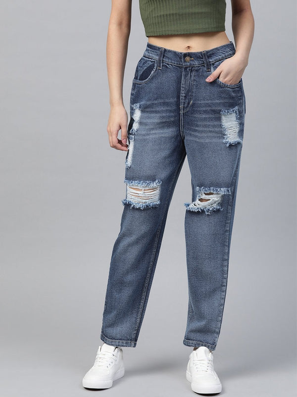 Women's Blue High Waist Distressed Knee Jeans - SASSAFRAS