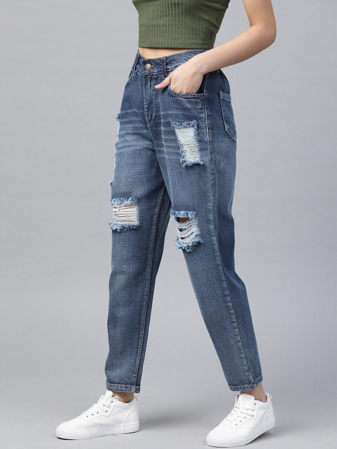 Women's Blue High Waist Distressed Knee Jeans - SASSAFRAS - Indiakreations