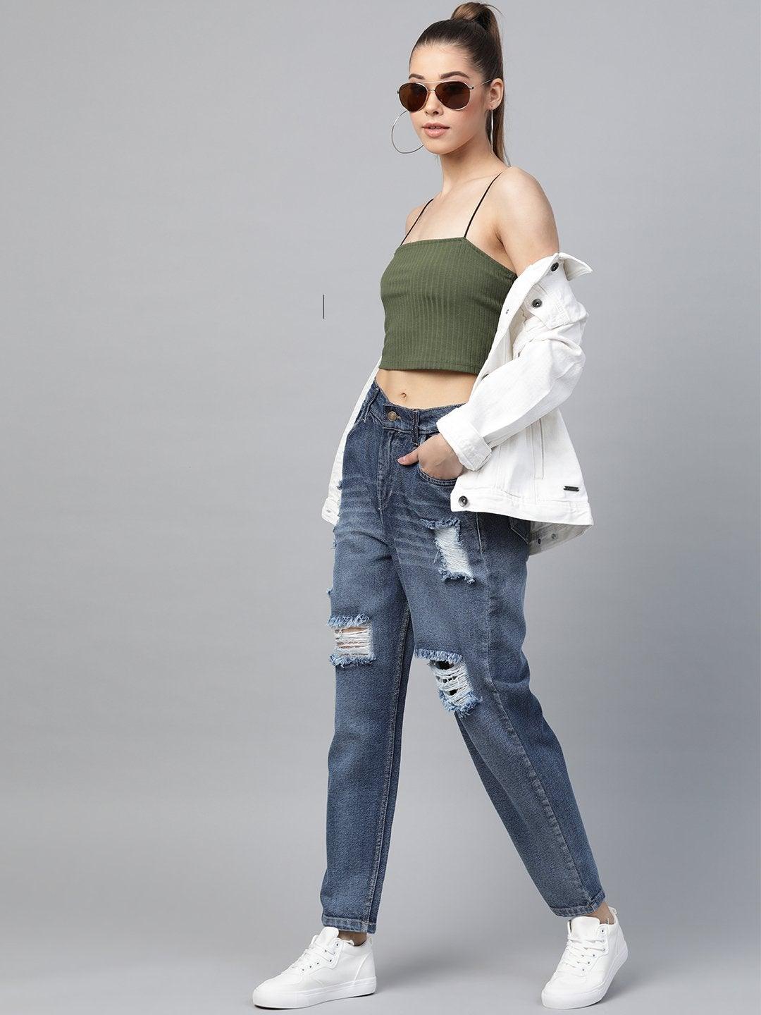 Women's Blue High Waist Distressed Knee Jeans - SASSAFRAS - Indiakreations