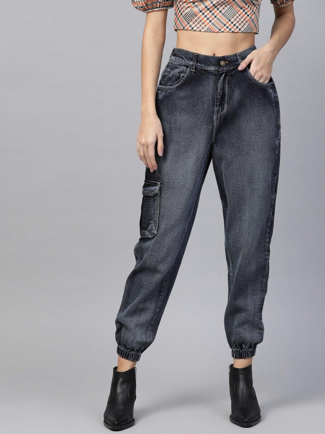 Women's Navy Washed Street Wear Jogger Jeans - SASSAFRAS - Indiakreations