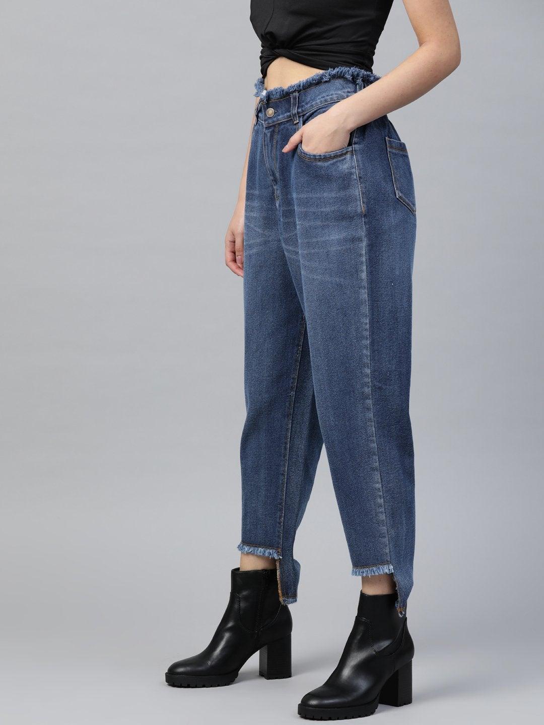 Women's Blue High Low Hem Slouchy Jeans - SASSAFRAS - Indiakreations