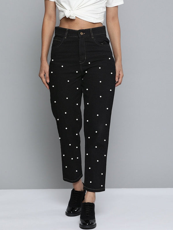 Women's Black Pearl Detail Mom Jeans - SASSAFRAS